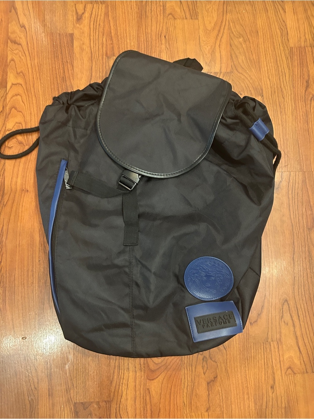 VERSACE PARFUMS Medusa Head Black Nylon Drawstring Flap Backpack